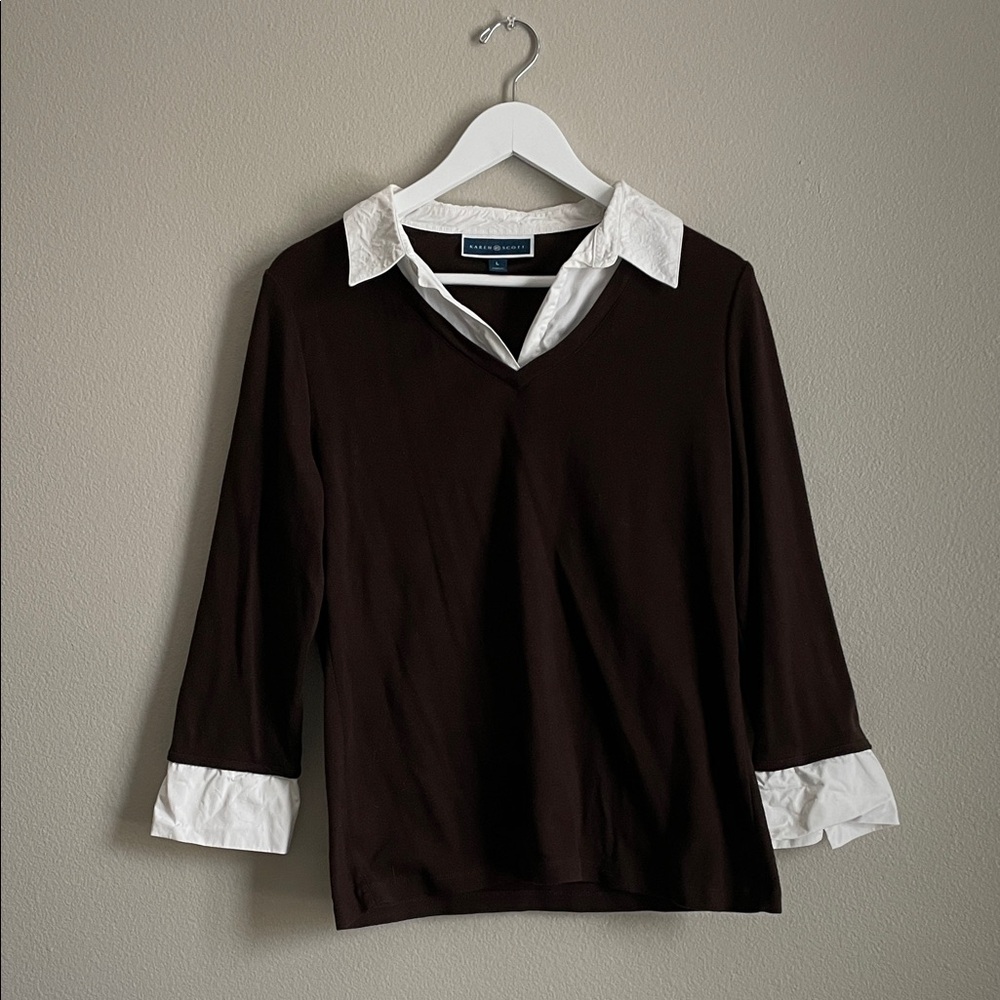 Karen Scott Chocolate Brown Top with White Details